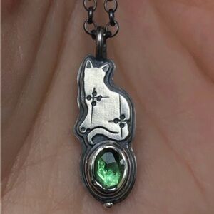 Cat Pendant Necklace with Green Gemstone